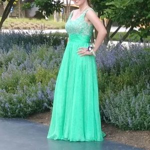 Green lace silver sparkle Formal Dress